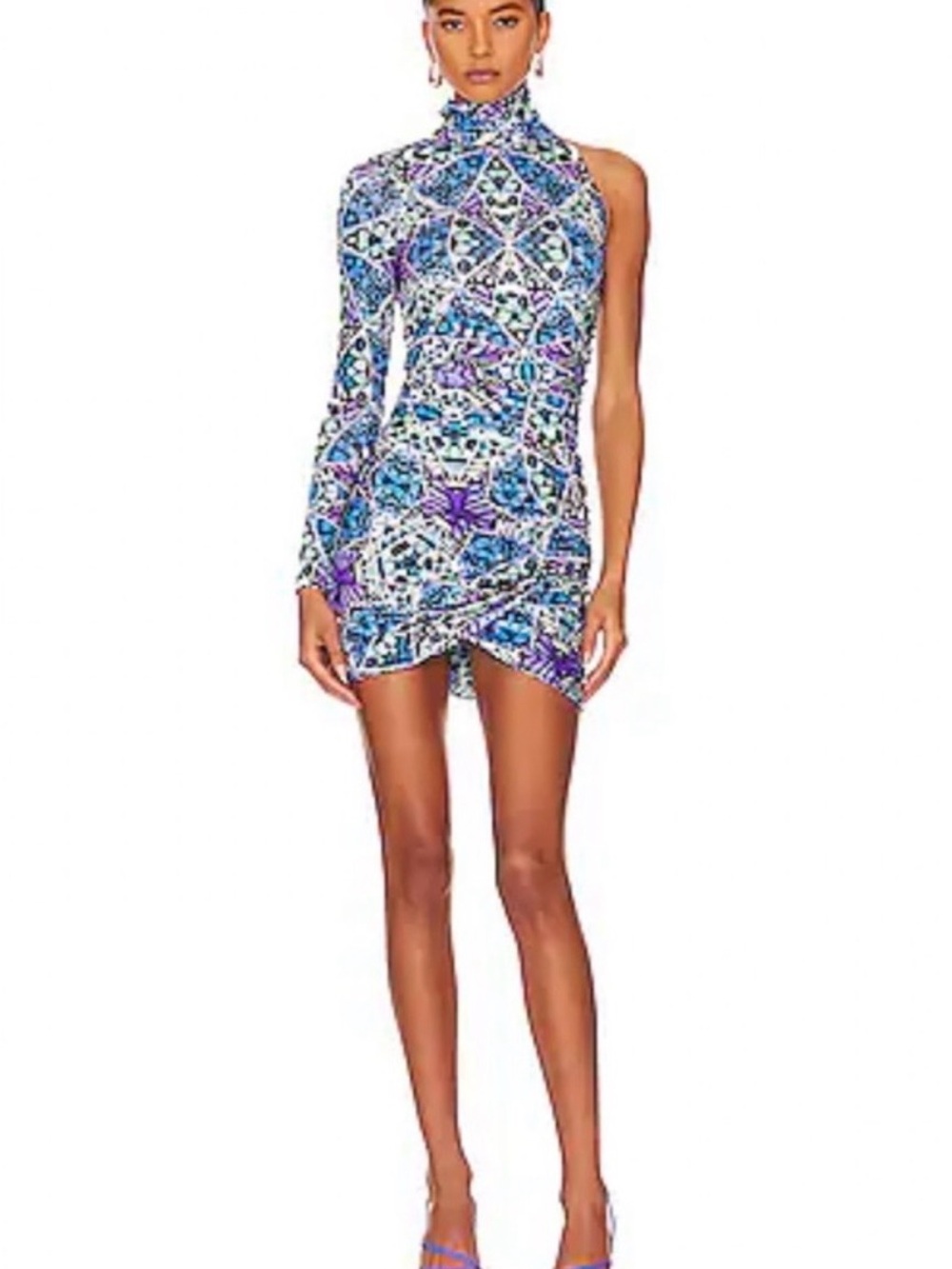 AFRM Mott Dress in Kaleidoscope - One-Shoulder High-Neck Blue & Purple